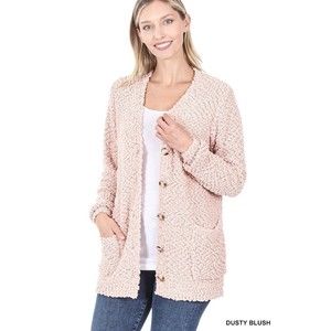 Long Sleeve Popcorn Sweater Cardigan with Pockets Blush Pink Large New